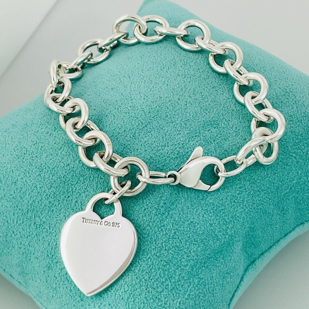 8.5" Tiffany & Co Blank Heart Tag Charm Bracelet in Sterling Silver